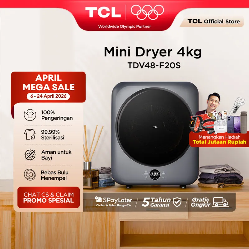 TCL Mini Dryer Kapasitas 4kg - 100% Kering Tanpa Jemur - 99.9% Pakaian Steril - Aman untuk Pakaian Bayi - Bebas Bulu  (Model: TDV48-F20S)