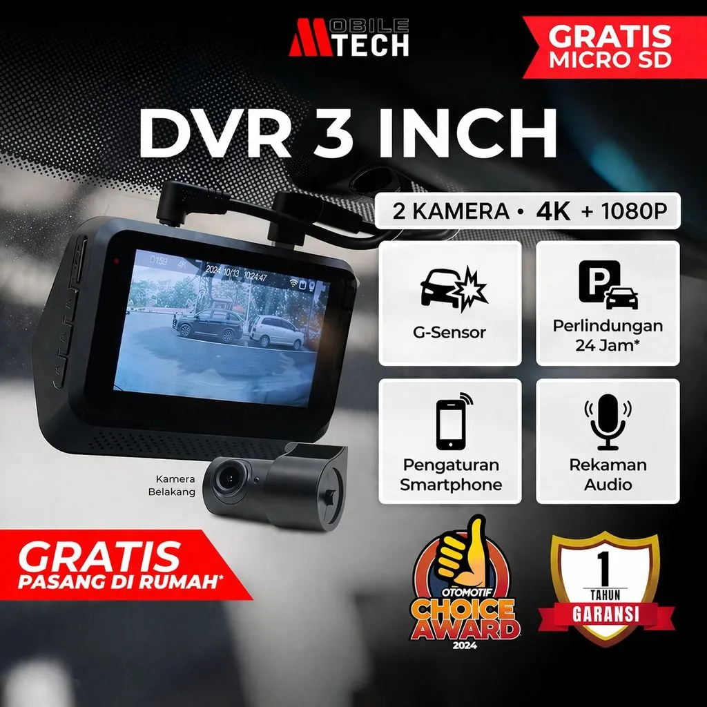 MobileTech Dashcam Mobil DVR 3 Inch WiFi 4K 1080p Dual Lens Camera G-Sensor Loop Recording Parking Monitoring 24 Jam