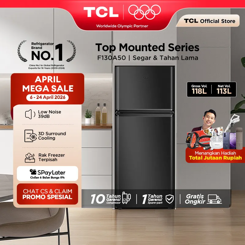 TCL Kulkas 2 Pintu (F130-A50) - Kapasitas 118L - Rak Freezer Terpisah - 3D Surround Cooling - Adjustable shelves - Low Noise 39dB - Metal Panel - Kulkas Mini - Lemari Es - Kulkas Kecil Kamar