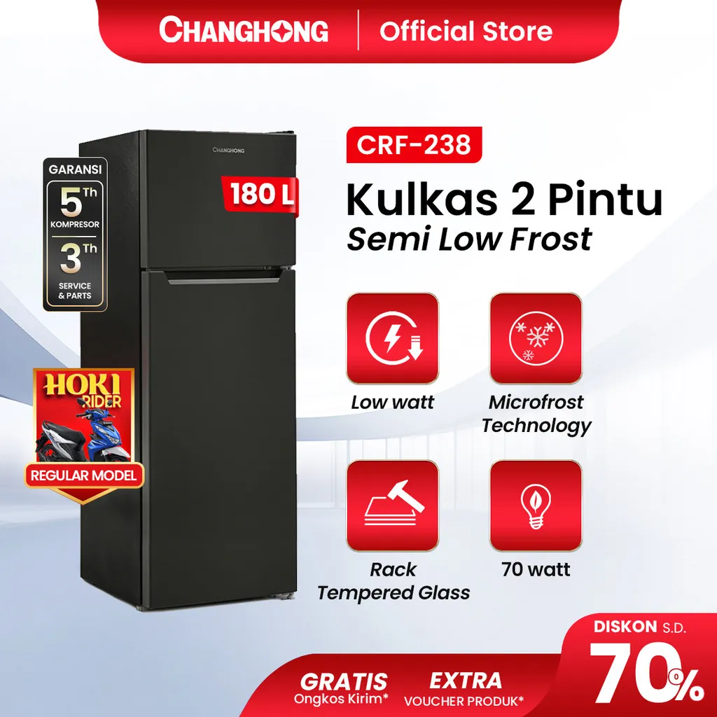CHANGHONG Kulkas 2 Pintu CRF-238 Hitam Kapasitas 180 Liter Listrik 70-Watt Garansi Resmi 5 Tahun