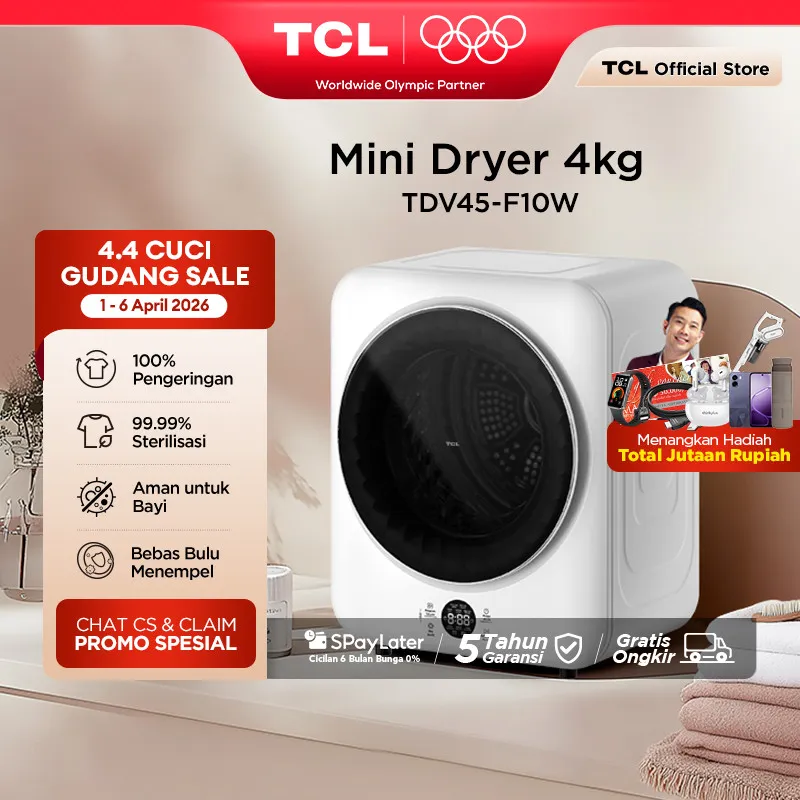 TCL Mini Dryer Kapasitas 4kg - 100% Kering Tanpa Jemur - 99.9% Pakaian Steril - Aman untuk Pakaian Bayi - Bebas Bulu - Mesin Cuci MIni - Pengering Pakaian Kecil (Model: TDV45-F10W)