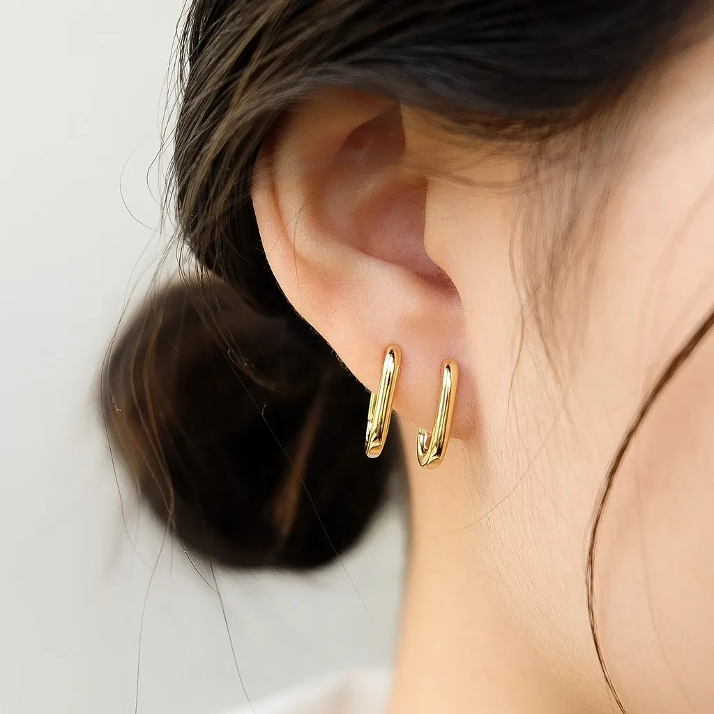 Geometric Oval Hoop Earrings - 16K Gold Plated Rhodium Plated Copper Anting Stud Hoop