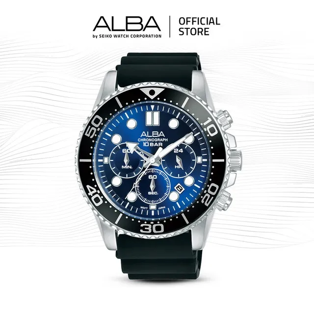 Alba Active Jam Tangan Pria AT3J47 / AT3J47X1 Quartz Blue Dial Black Rubber Strap Watch