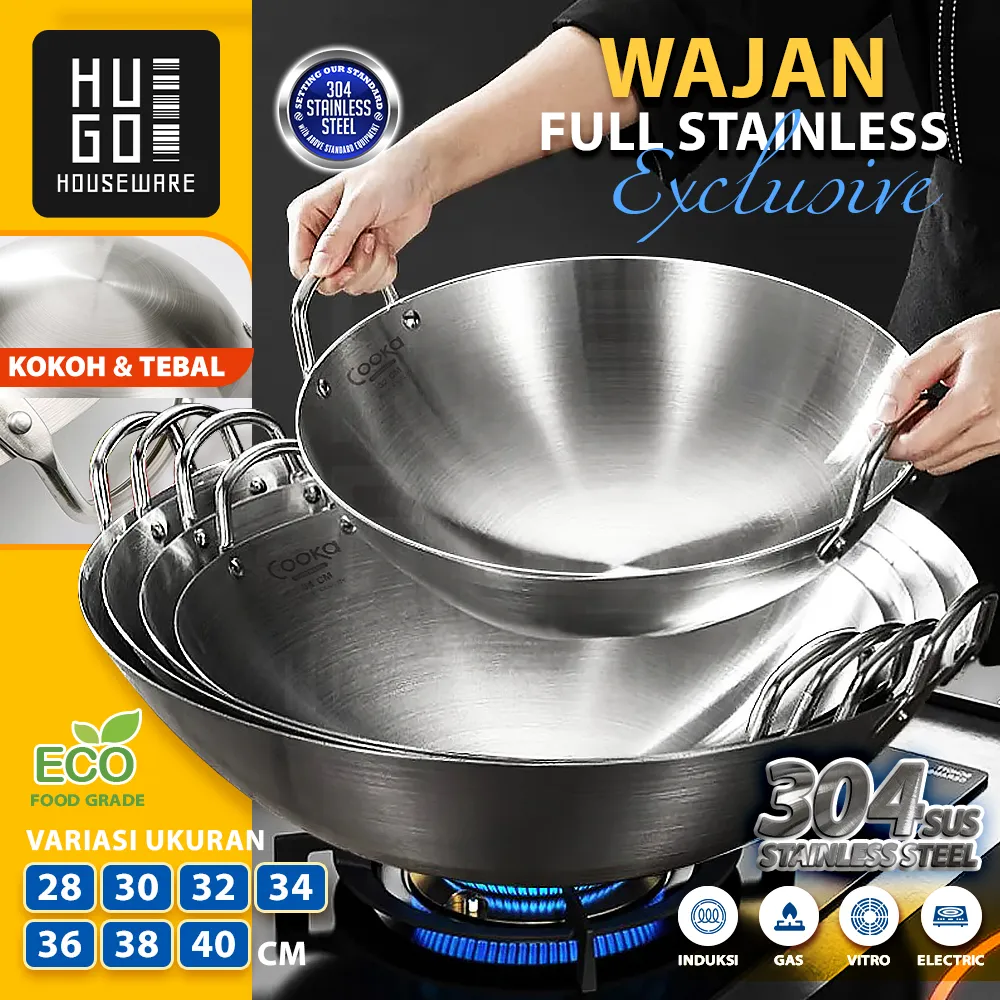 HUGO Wajan Penggorengan Stainless Tebal Anti Lengket Kuali Serbaguna Wokpan Premium Quality