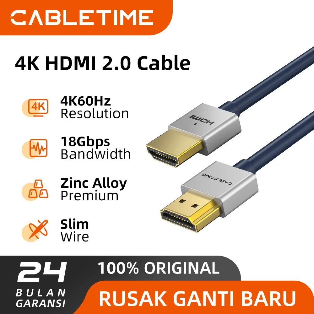 CABLETIME Kabel HDMI 4K Ultra HD 2.0 HDR High Speed Ultra Thin Slim Pro Series