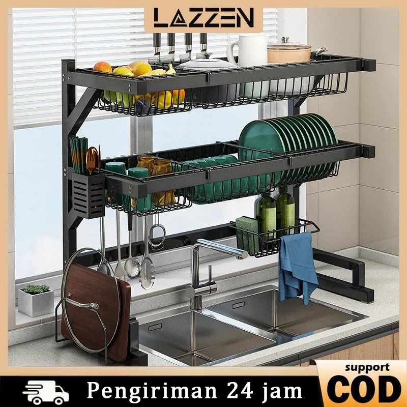 LAZZEN - Rak Piring Wastafel Stainless Steel Hitam Cuci Piring Rak Piring Dapur Penyimpanan Dapur Stainless Steel Dish Rack Muat Mangkuk Dan Piring