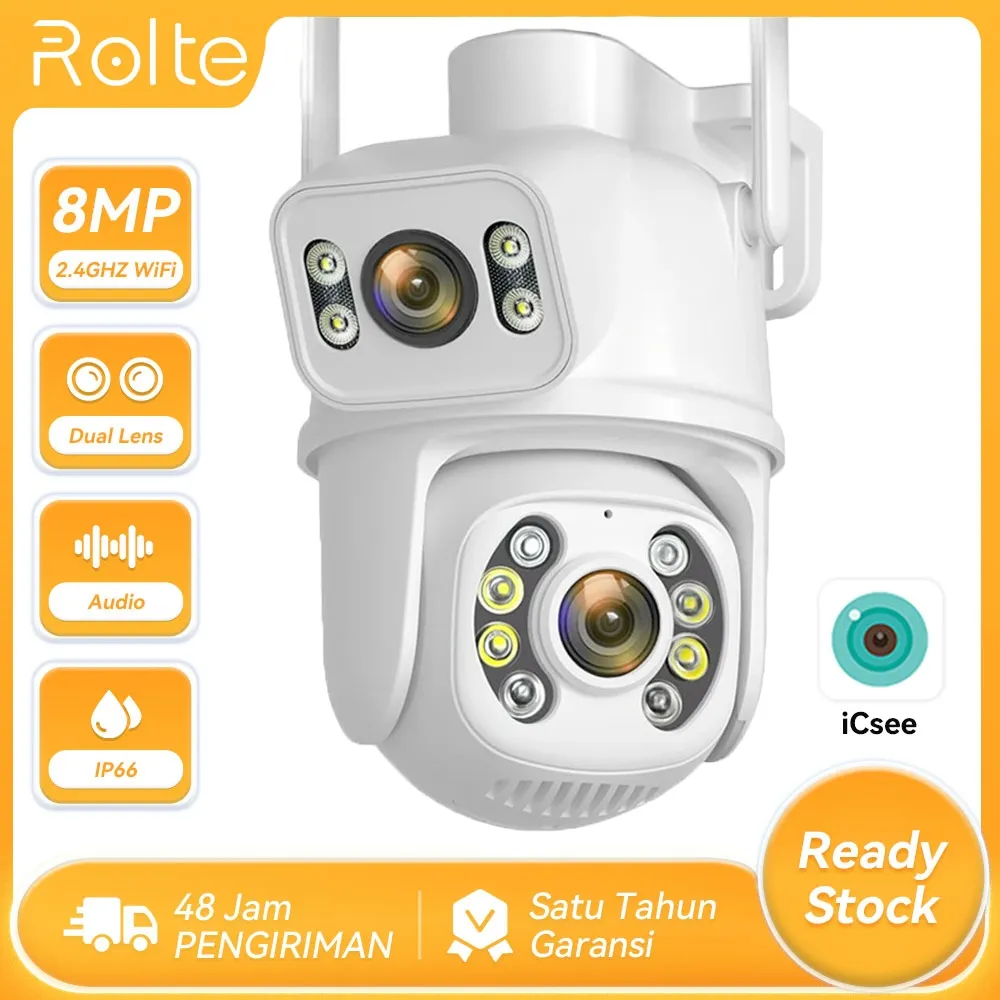 Rolte 12MP 6K HD Kamera Three Lens IP CCTV Wireless 8MP 4K Dual Lensa Tahan Air IP66 PTZ Camera