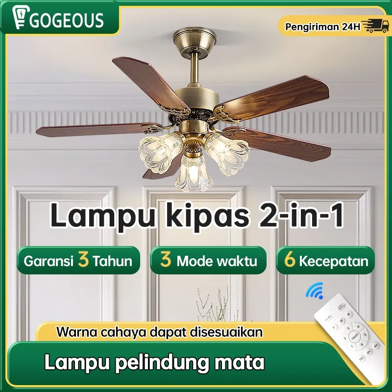 Gogeous Lampu kipas kendali jarak jauh 2-in-1 Gaya retro 42/48 inci lampu gantung ruang tamu mewah 3 warna lampu kipas led ruang tamu/meja makan/balkon remote