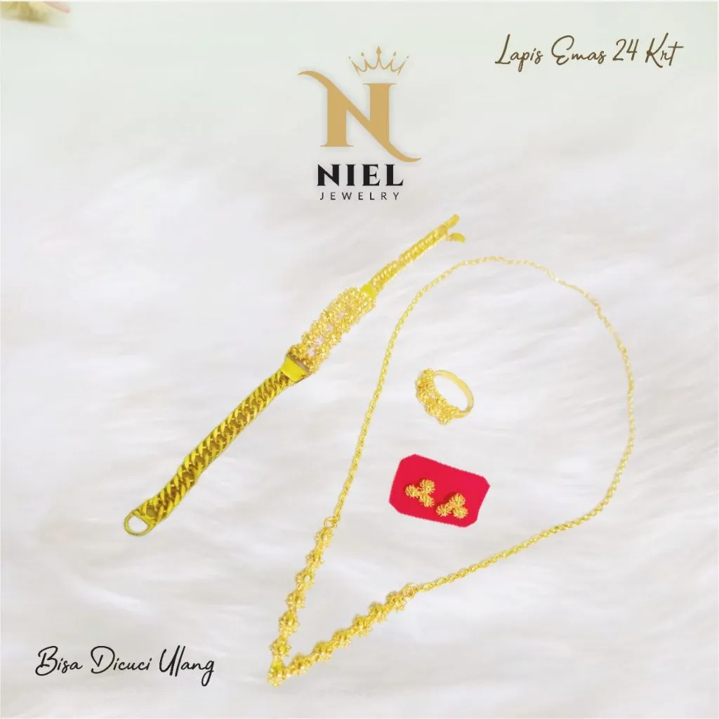 Set Perhiasan Wanita Kalung Gelang Cincin Anting Warna Gold Elegant Fashion Jewelry Set Minimalis Aksesoris Harian
