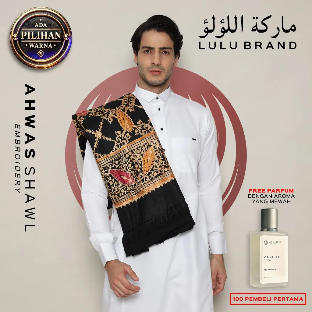 Sorban Bordir Premium Rida Kashmiri Motif Sulam Original Pria LULU BRAND Ahwas 438 Embroidery Shawl