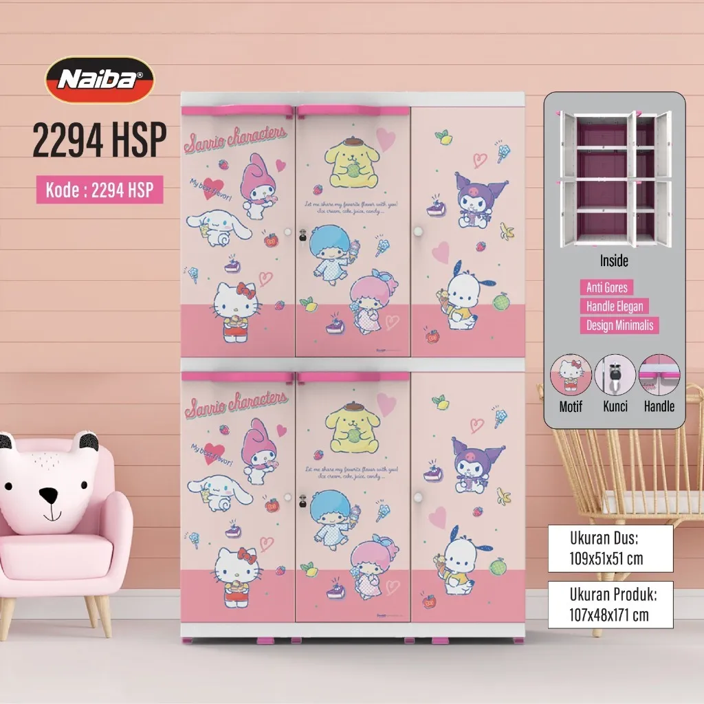 [NAIBA] Lemari Plastik Jumbo Anak Karakter Premium - Naiba 3 Pintu Hambalan dan Gantungan