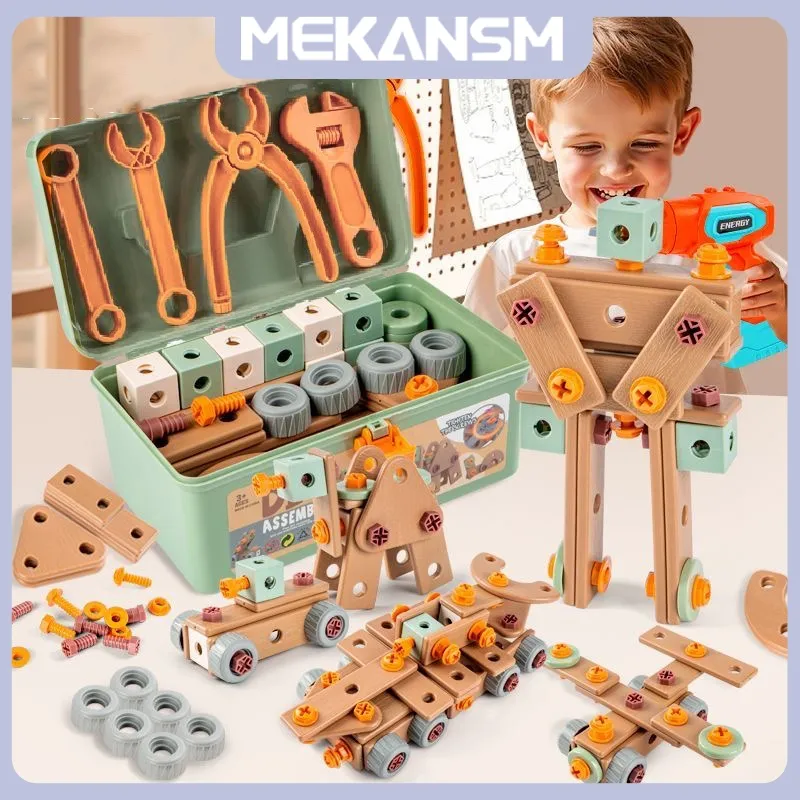MEKANSM 182PCS Mainan Anak Tool Box Set Mainan Perbaikan Sekrup Bor Listrik Simulasi Mainan Splicing Kreatif DIY Mainan Edukasi Anak