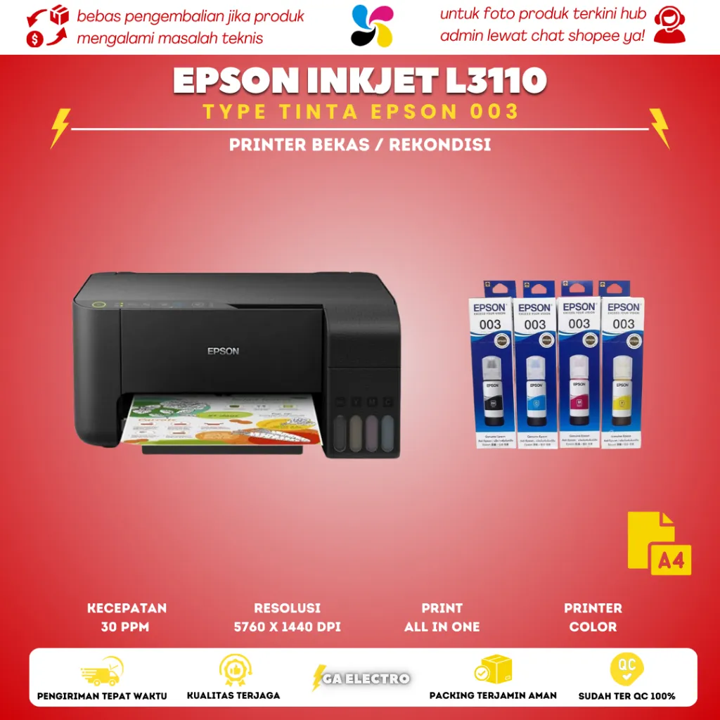 Printer Warna EPSON L3110 Print Copy Scan | Tinta Baru Nozzle Full