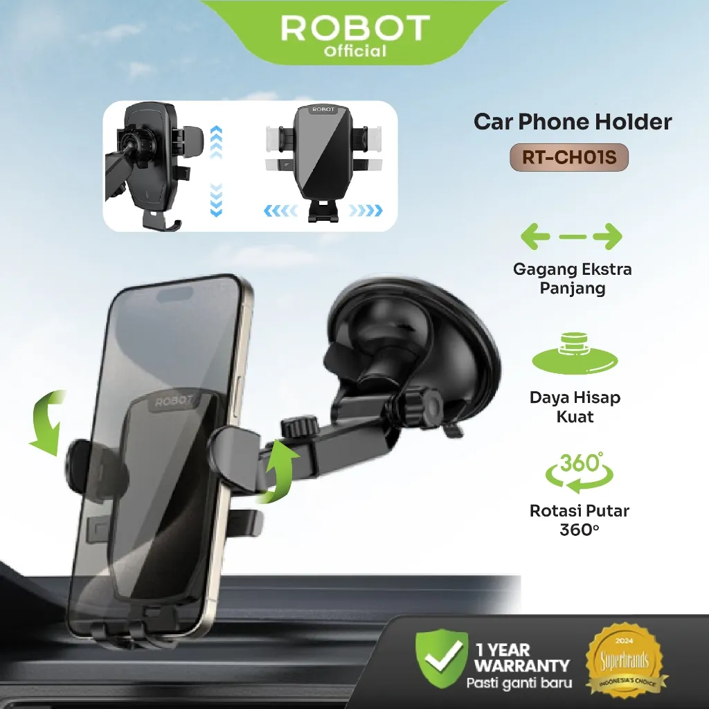 ROBOT Car Holder HP Mobil Suction Cup Besar 95mm Rotasi 360° One-Hand Clip 4–7 Inch RT-CH01S – Garansi Resmi 1 Tahun