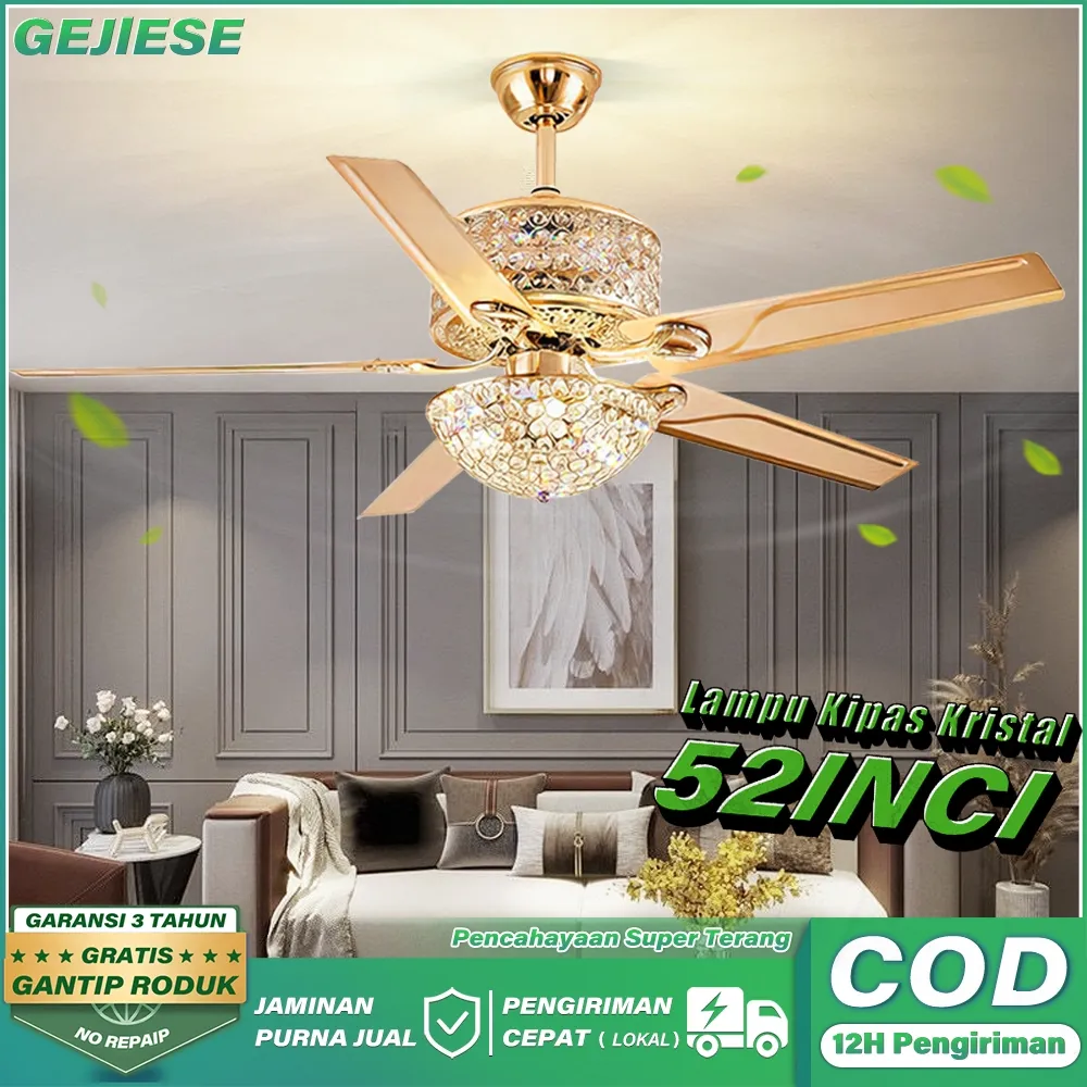 GOGEOUS Lampu Kipas Angin Plafon Kristal 3 Warna 52Inci 6Kecepatan Kipas Lampu Gantung Plafon Remote