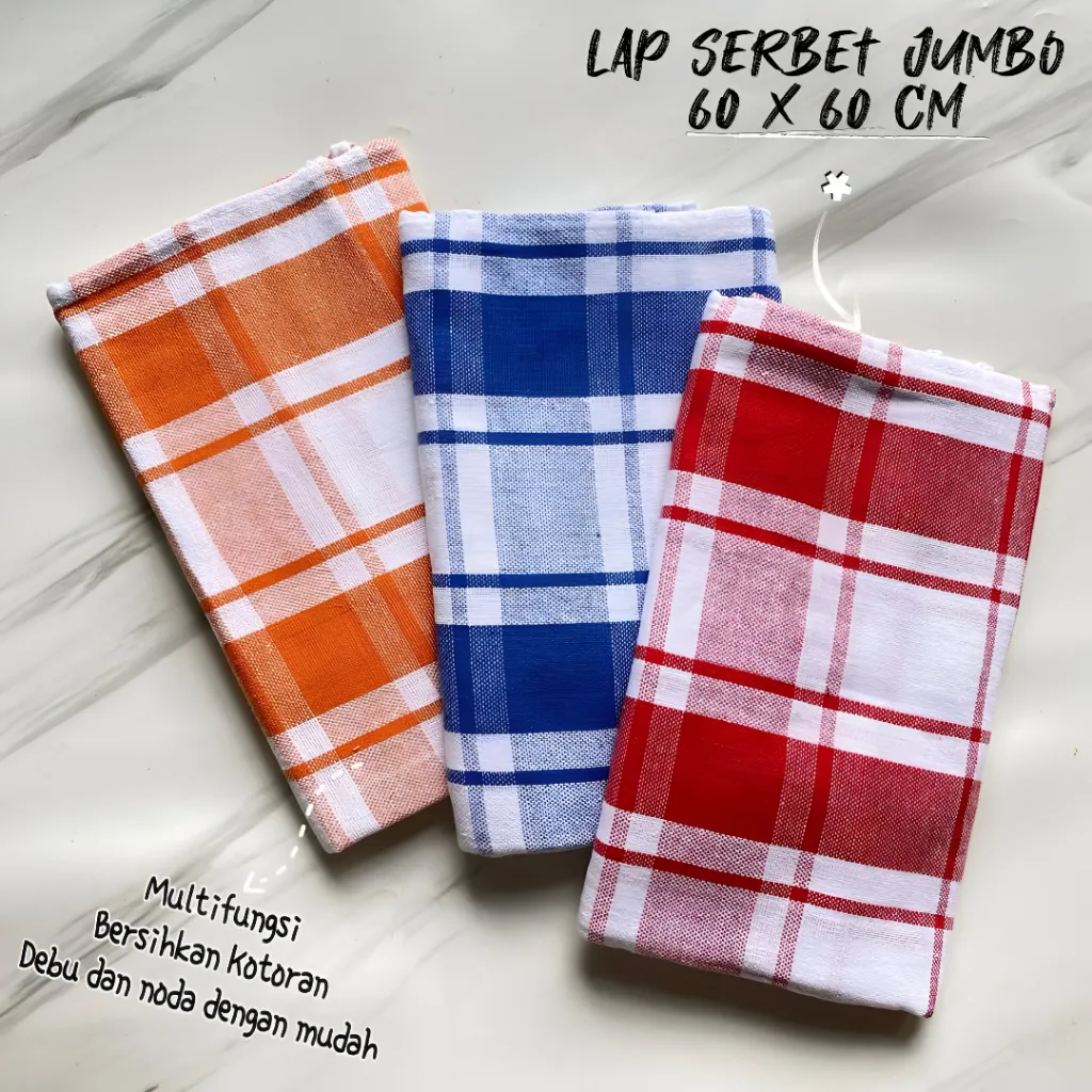 12pcs/6pcs Serbet Dapur Lap Piring Serbaguna Jumbo 60x60 cm Warna Putih Bahan Katun Motif KotakKotak