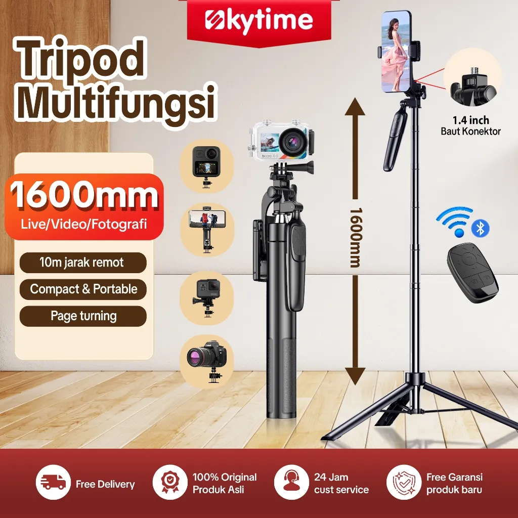 Skytime Tripod konten kreator bisa gerak tripod bluetooth remote tongsis konten kreator 160cm Selfie Stick dan remote 7 tombol - TR05