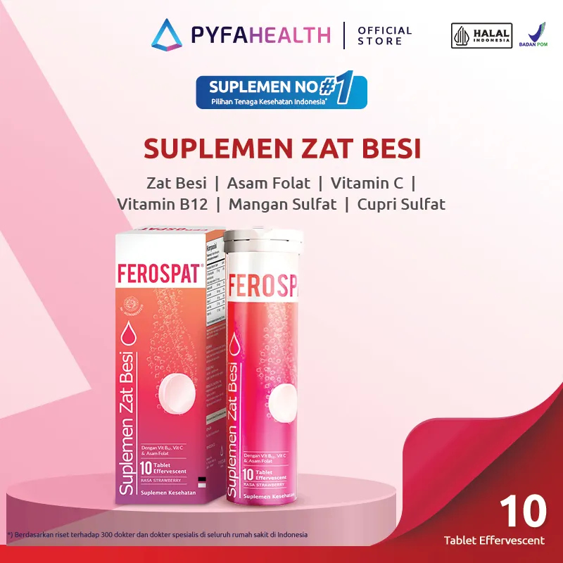 [HALAL BPOM] FEROSPAT Suplemen Effervescent Zat Besi Rasa Strawberry | Memenuhi kebutuhan Zat Besi, Vitamin B12, Vitamin C, Asam Folat dan Mineral | 10 Tablet Larut