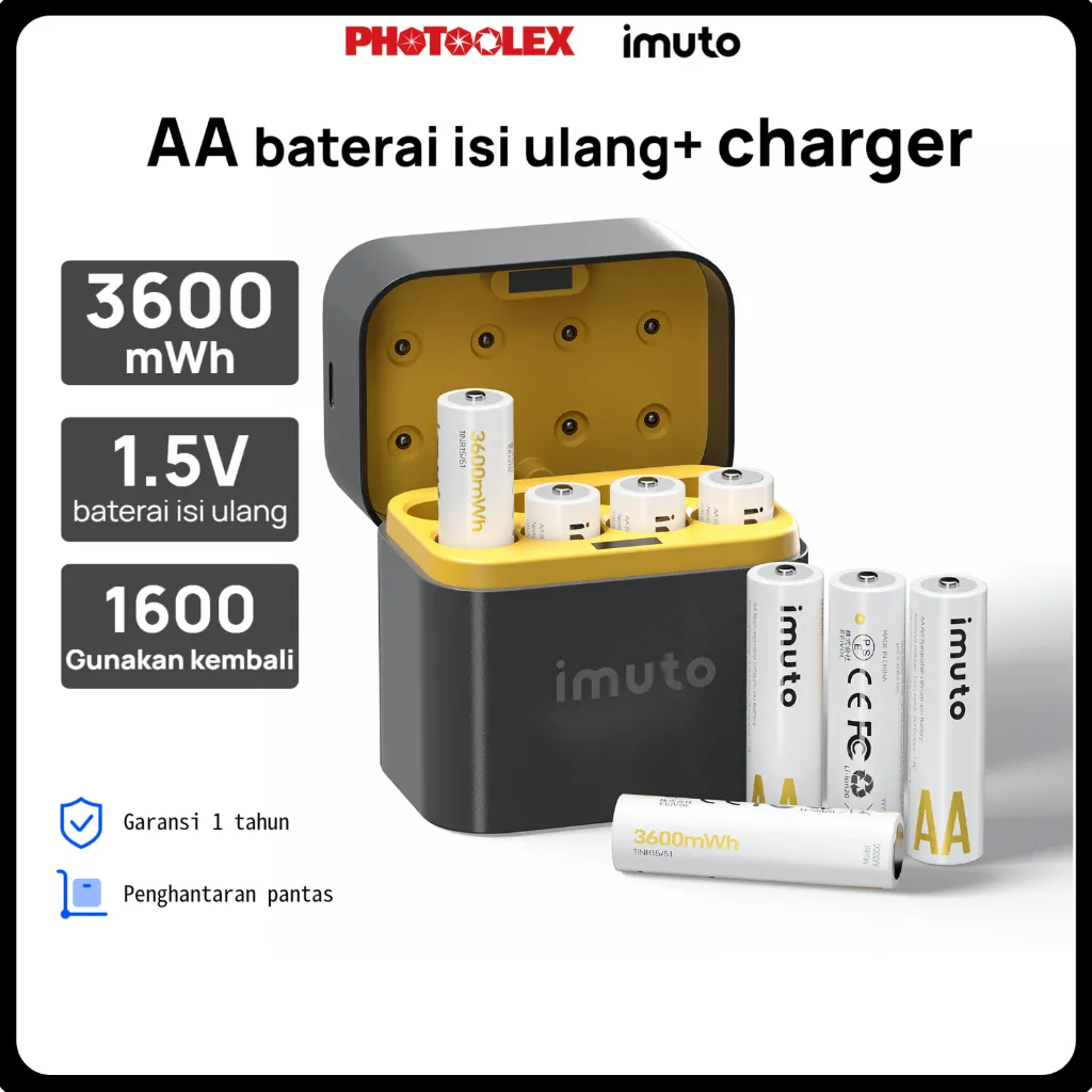 PHOTOOLEX&imuto Baterai Li-ion AA 1.5V Isi Ulang Kapasitas Tinggi 3600mWh 8xAA Baterai Kamera