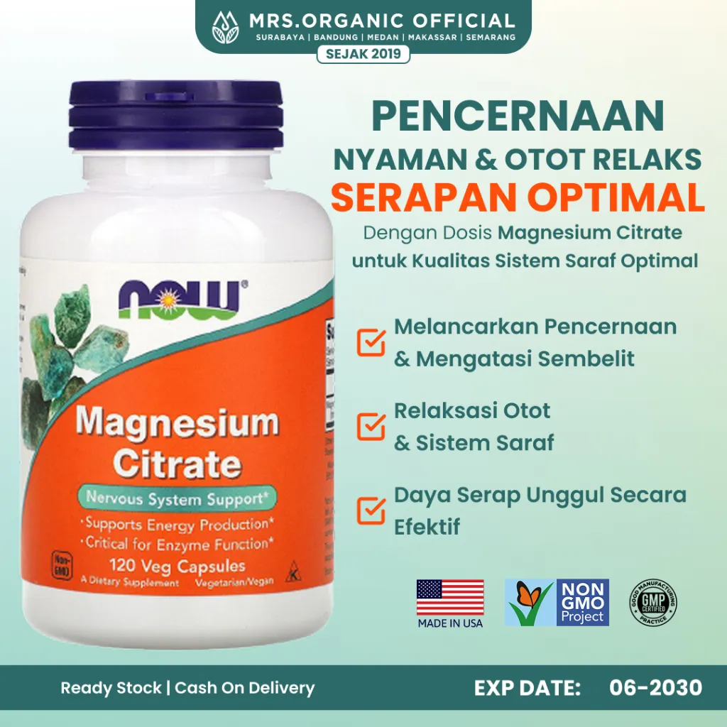 Suplemen Vitamin Magnesium Citrate 400mg Now Foods 120 Veg Kapsul - Kesehatan Otot Saraf Energi Pencernaan