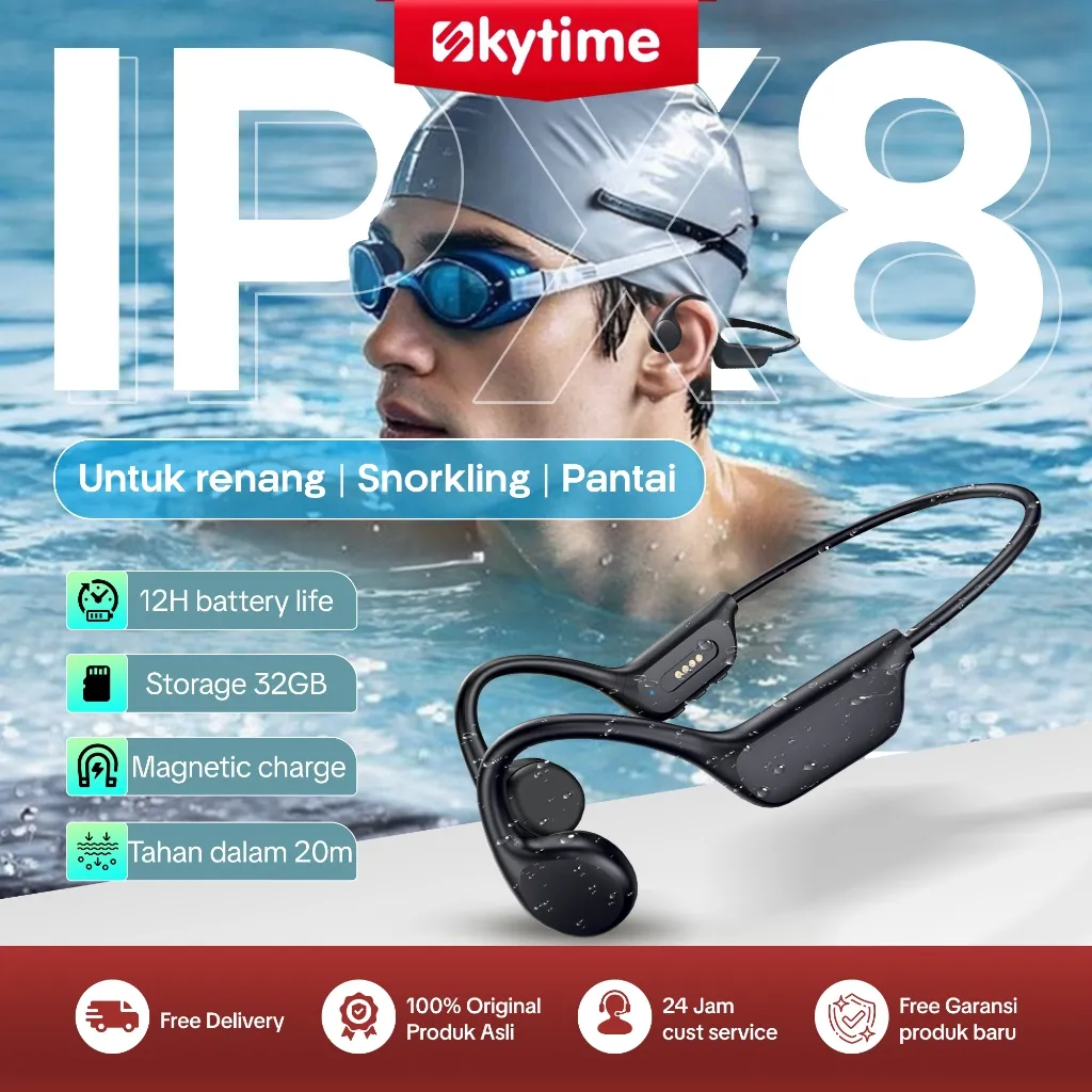 Skytime IPX8 Tahan Air Earphone Bluetooth Running Swimming With Memori 32GB Sport Bone Conduction Earphone Bluetooth 5.4 Headphone Waterproof Wireless OpenEar Headset - BC81