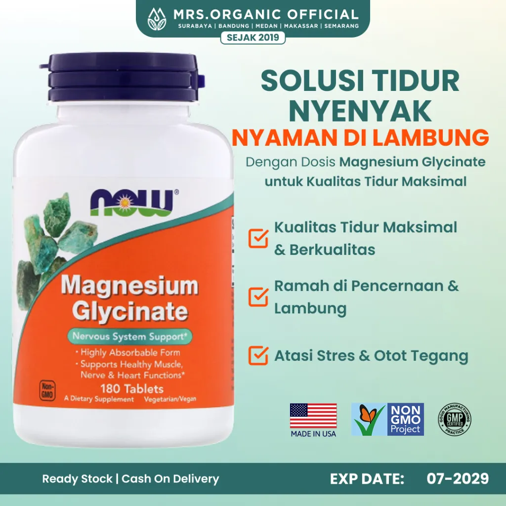 Suplemen Vitamin Mineral Magnesium Glycinate Now 180 Tablets - Energi Jantung Tekanan Darah Stress Sehat