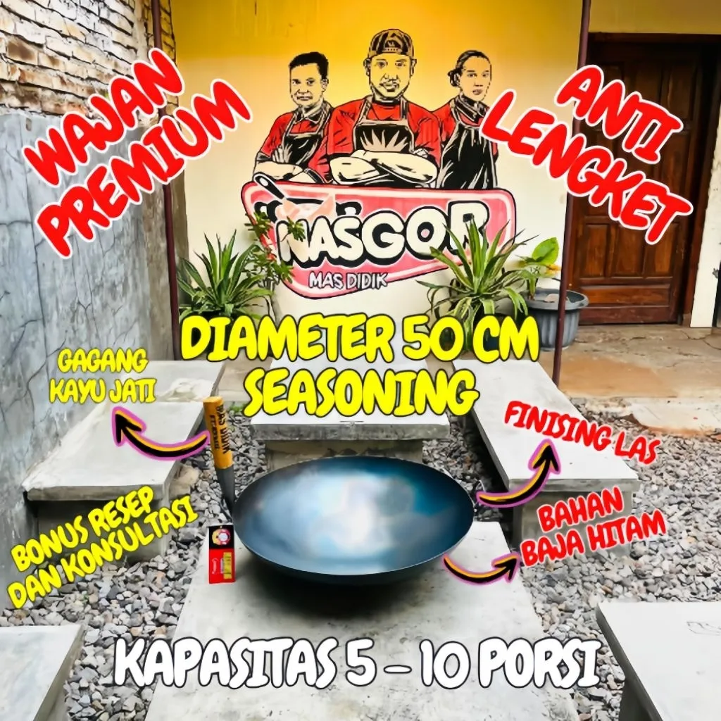 Wajan Baja Hitam Premium Ukuran 50 Seasoning Gagang Tegak Anti Lengket