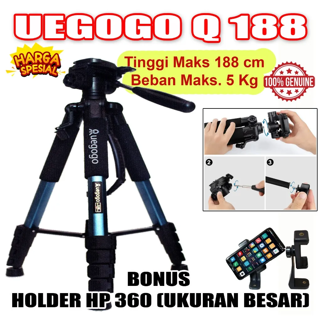 Tripod Profesional Zomei / UEGOGO Q188, Tinggi 188 cm, BONUS HOLDER HP 360