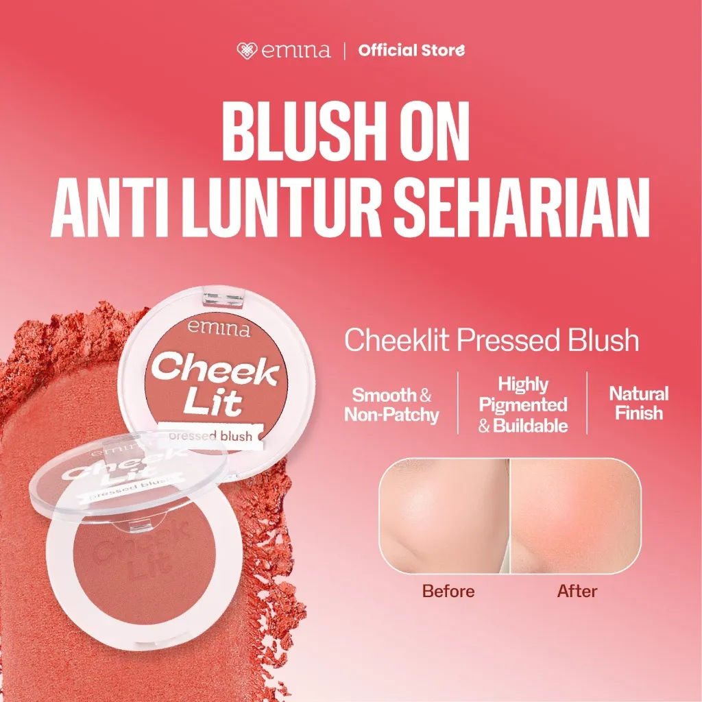 Emina Cheek Lit Pressed Blush 3.5g - Blush On Padat Natural Soft Blurring Effect, Tahan Lama, Warna Fresh Pigmented, Mudah Dibaurkan, Smooth Finish, Cocok untuk Makeup Daily Look Flawless & Korean Style