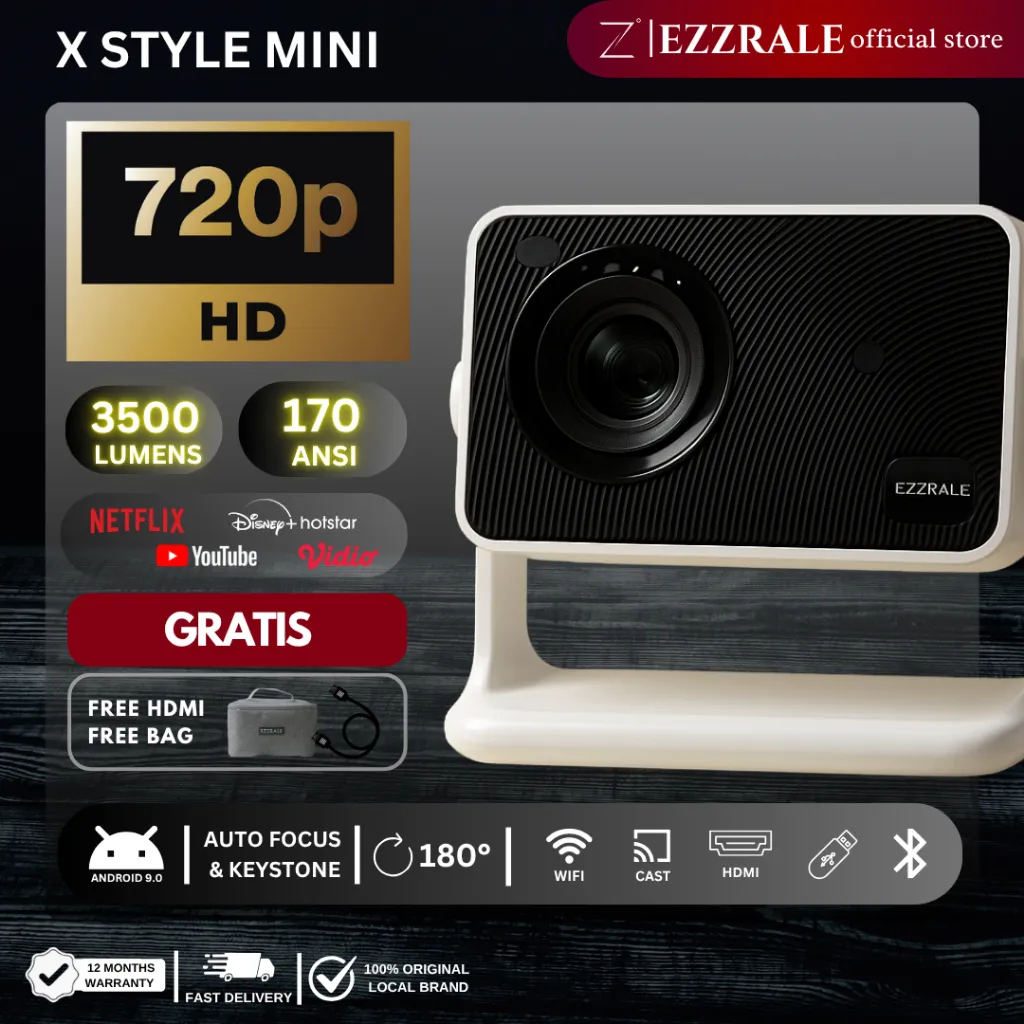 EZZRALE Smart Proyektor LCD X-STYLE MINI 720P 170 ANSI Smart Android Projector FREE BAG WIFI WIRELESS