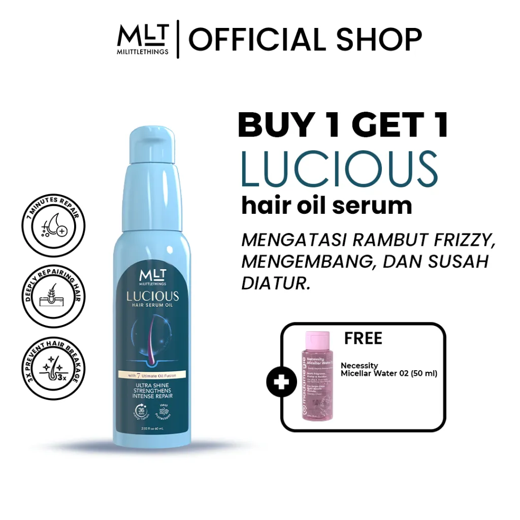 MLT Lucious Hair Serum Oil 60ml - Hair Oil Heat Protectant Anti Frizz Rontok Kusut | Mempercepat Pertumbuhan Rambut |  Melembutkan | Milittle Things Proteksi dari Panas Alat Styling dan Sinar UV
