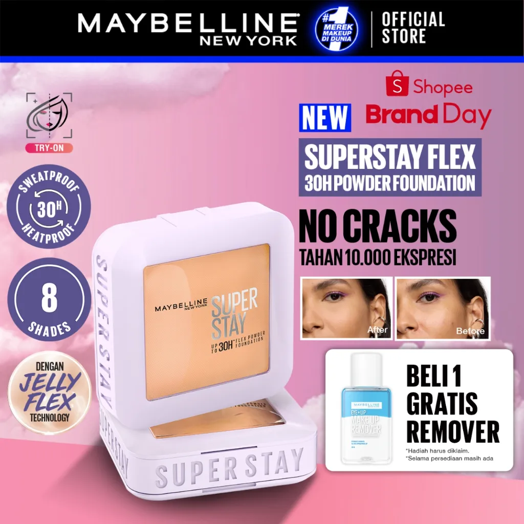 [BARU!] MAYBELLINE OFFICIAL Superstay Flex Powder 30H Longwear Powder Foundation Two-Way Cake Oil Control Transferproof Waterproof Full Coverage Setting Matte Makeup