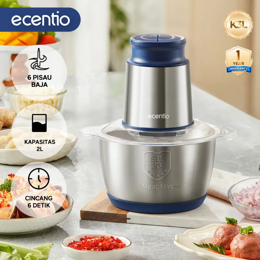 ecentio food chopper stainless coper daging dan bumbu 2L food processor 6 Mata Pisau blender 250W peralatan dapur blender mpasi bayi choper belender chopper blender bumbu dapur