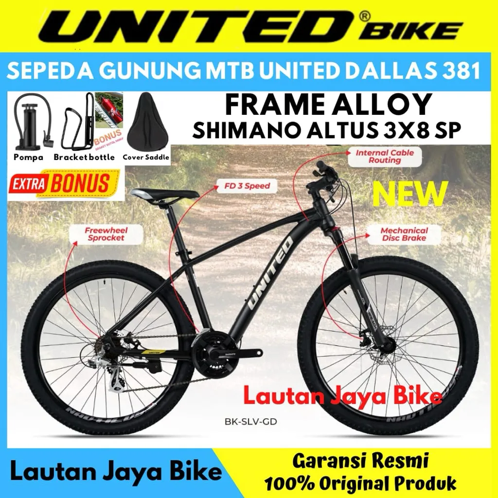 Sepeda Gunung 27.5 MTB UNITED DALLAS 381/DETROIT 2.0/2.1 Frame Alumunium 3x9 Speed Rem Hidrolik Terbaru