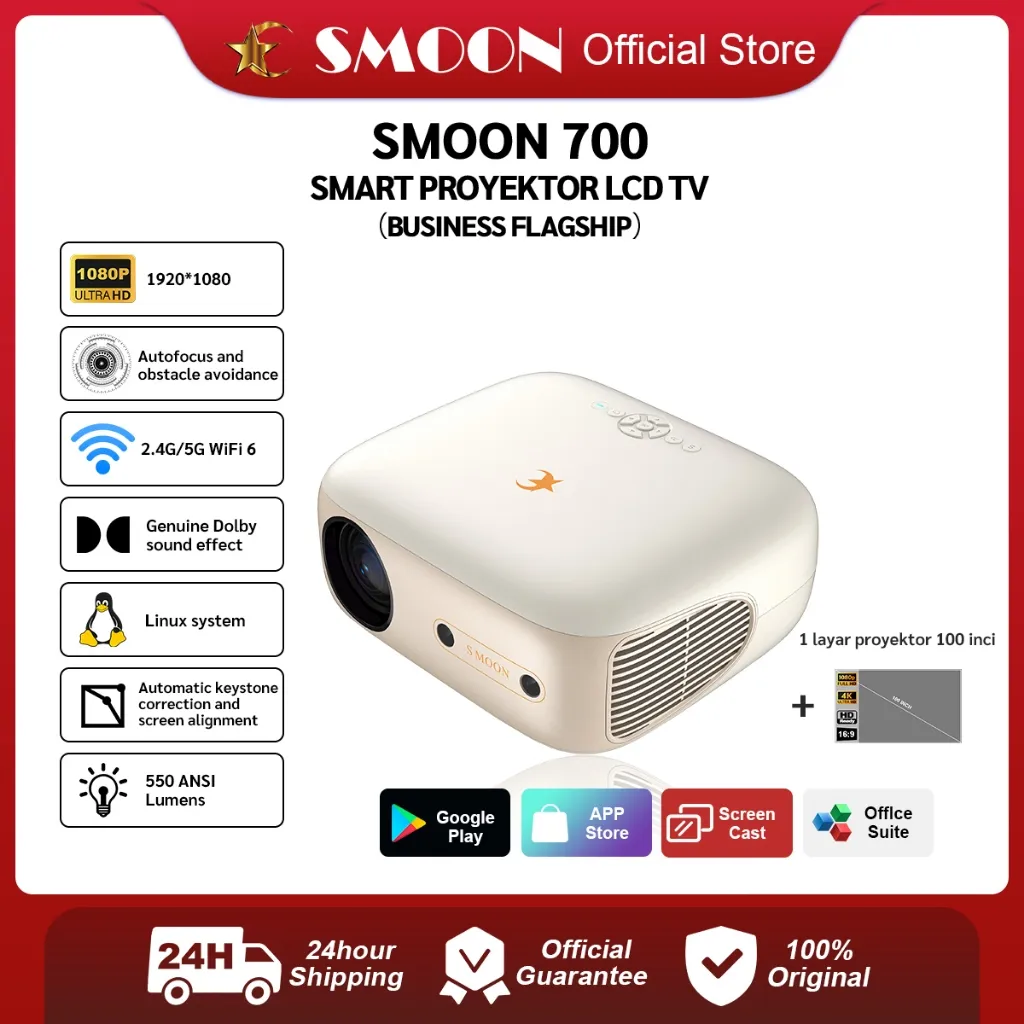 SMOON 700 Smart Projector LCD TV - Proyektor Pintar - 550 ANSI Lumens - TV Android - Fokus Otomatis - Netflix - Google TV - YouTube - Include Kabel HDMI