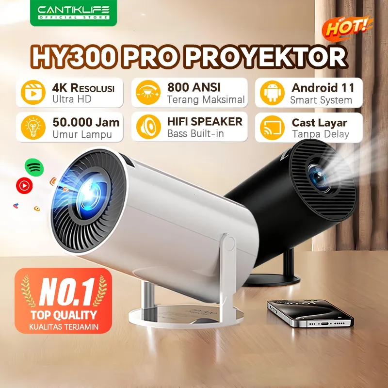 HY300 Pro 4K Proyektor HD 100 Inci Portabel Mini untuk Dinding Kamar Tidur Pencerminan Layar Nirkabel dari Ponsel Sistem Home Theater Cerdas