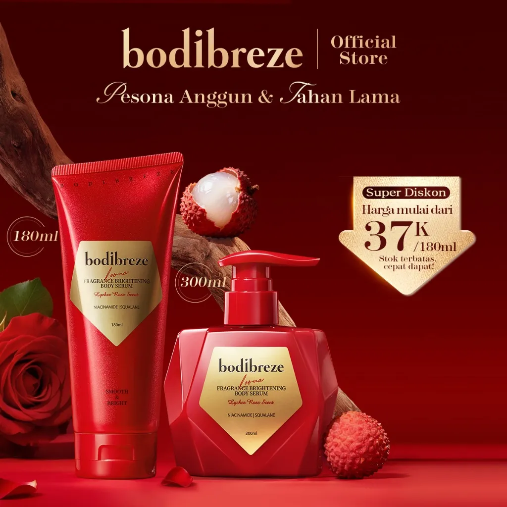 Bodibreze Leona Fragrance Brightening Body Serum 180ml/300ml | Body Lotion Whitening Body Cream Pemutih Body Butter Brightening Softening Smoothing Hydrating Skin Floral Woody Leci Mawar Vanila Cashmeran Long-Lasting Fragrance With 99% Pure Niacinamide