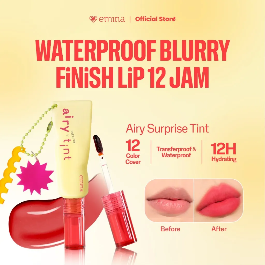 Emina Airy Surprise Tint 3g + Keychain - Lip Tint Viral Ringan Water Based, Tahan Lama Waterproof Transferproof, Natural Stain, Bibir Segar Glowing, Nyaman Dipakai Seharian, Cocok untuk Daily & No Makeup Look