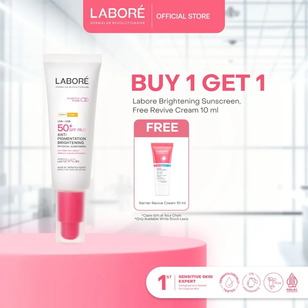 LABORE Dermalab Revolutionaire Anti-Pigmentation Brightening Physical Sunscreen-Brightening Sunscreen Ringan Aman Kulit Sensitif Mencerahkan Melindungi Sinar UVA UVB Mudah Meresap Tidak Whitecast Skincare Face Best Seller Skincare Viral Pyschal SS Labore