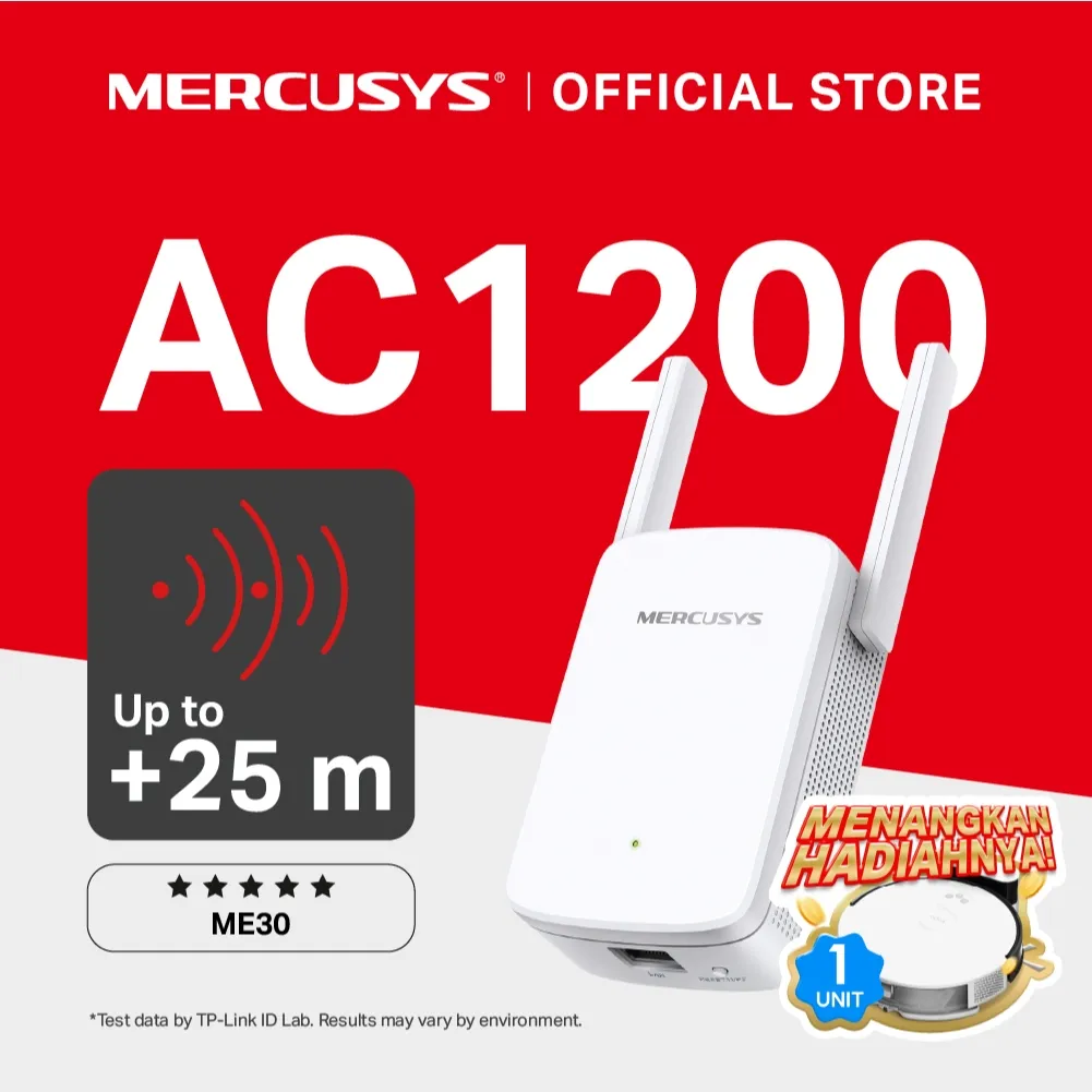 Mercusys | ME30 | AC1200 Wi-Fi Repeater | 2.4Ghz & 5Ghz Dual Band | Range Extender | AP Mode | IPTV