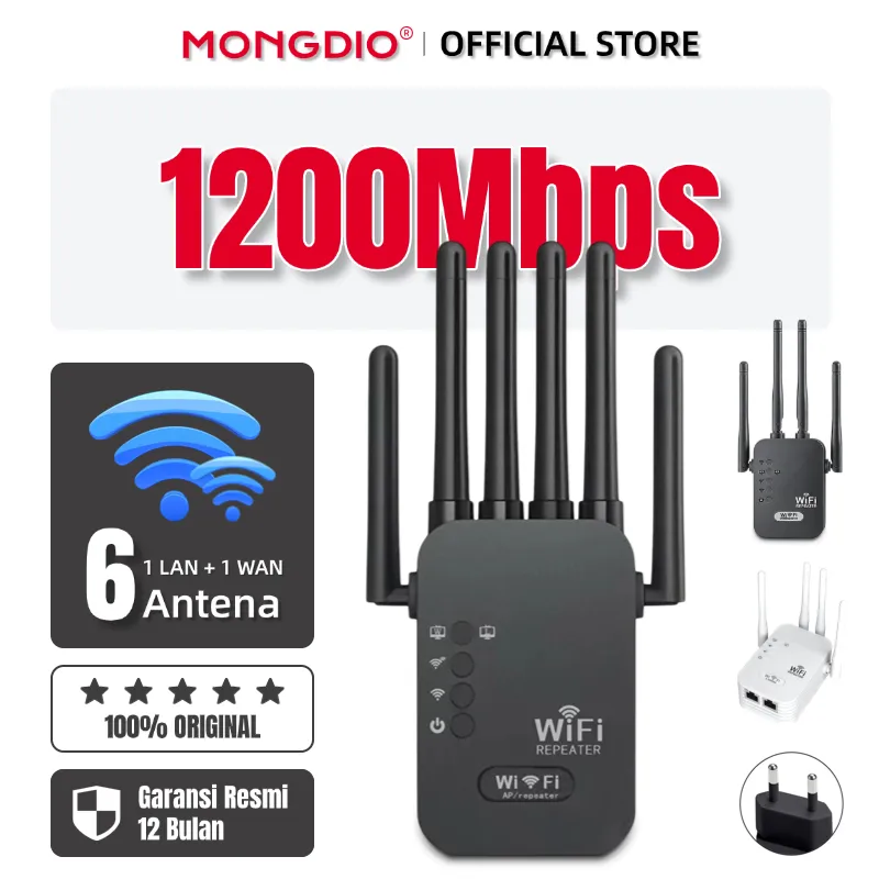 Mongdio Repeater WiFi Solusi Sinyal WiFi Lemah 1200Mbps 8 Antena Penguat Sinyal WiFi Dual Band 2.4&5GHz Jangkauan Jarak Jauh Mode AP/Repeater Setup 1 Klik Mudah Dipasang
