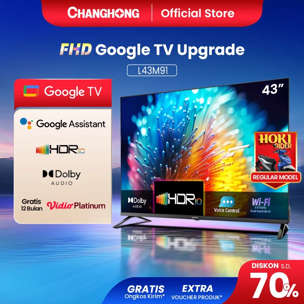 Changhong Google TV 43 inch FHD Dolby Audio Google Play Netflix Youtube Bluetooth USB Google Assistant Smart TV Digital TV Free Vidio (L43M91)  -Smart Android G7N | 32G7N 43G7N