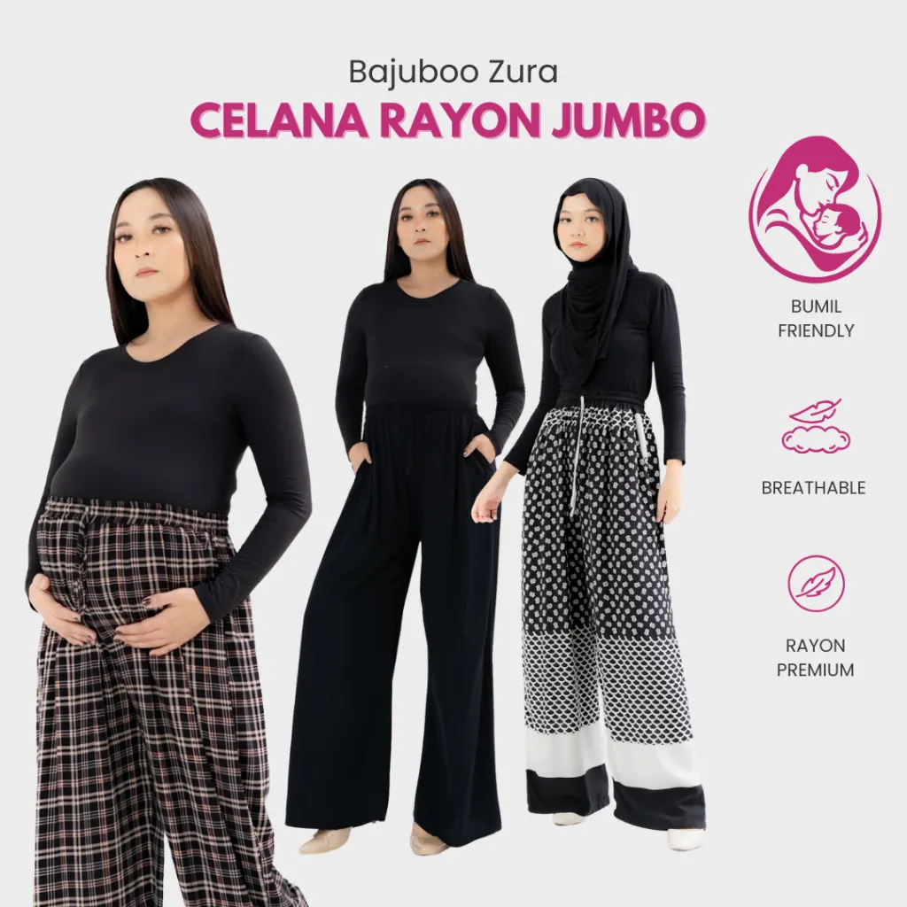 Bajuboo Zura - Celana Kulot Highwaist JUMBO Bumil Friendly Rayon Motif Viscose