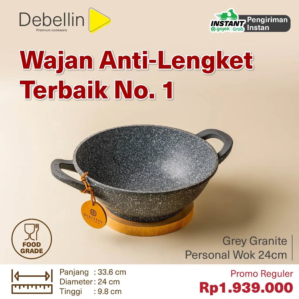 Debellin Grey Granite Personal Wok 24 cm Wajan Granite Anti Lengket
