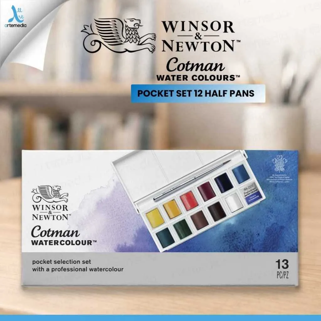 Winsor & Newton Cotman Watercolour Sketchers Pocket Set 12 Half Pans | Cat Air Easy Rewet, Ready-to-Use with Brush & Palette