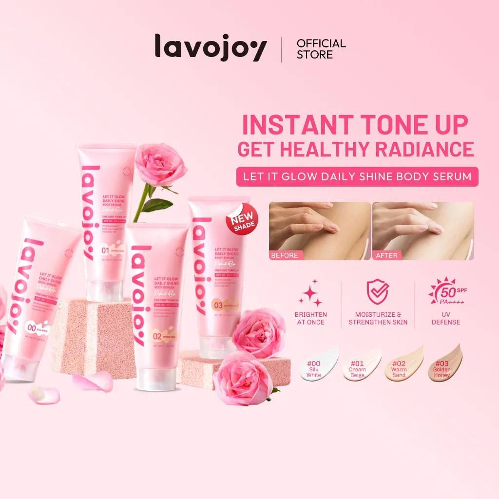 [Tone Up 00-01-02-03] Lavojoy Let It Glow Daily Shine Body Serum Instant Tone Up Delicate Rose with SPF 50PA++++ | Body Serum untuk Perlindungan Sinar UV | Mencerahkan Seketika & Melembapkan Kulit dengan 3% Niacinamide + Australian Super VC + Ceramide