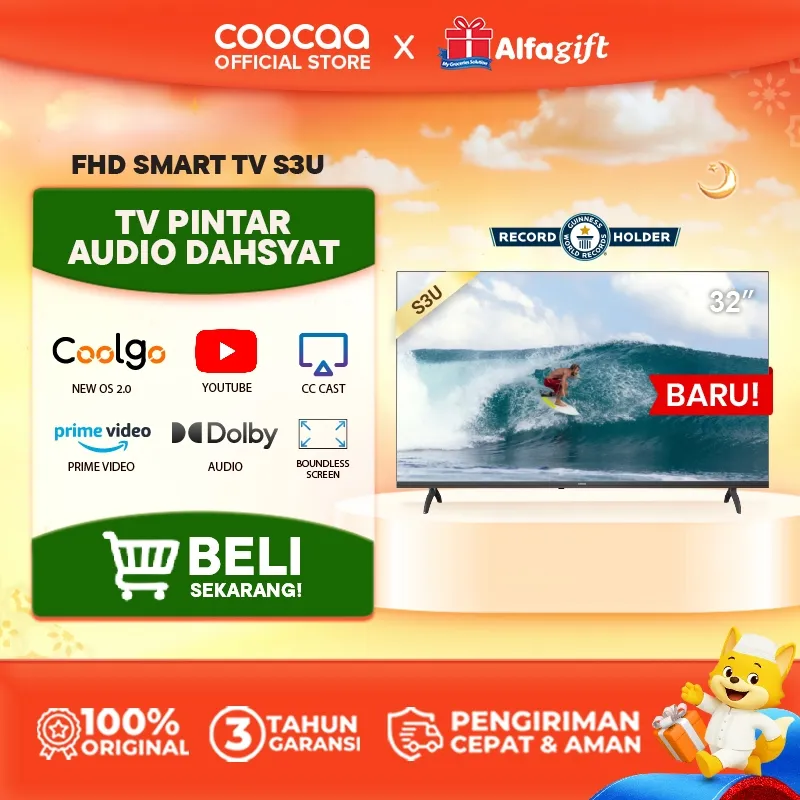 COOCAA 32 inch S3U Smart TV - Digital TV - Dolby Audio - Youtube - Mirroring -  Flick Free - Boundless  - WIFI - HD - USB/AV/LAN - OS Coolita (COOCAA 32S3U)