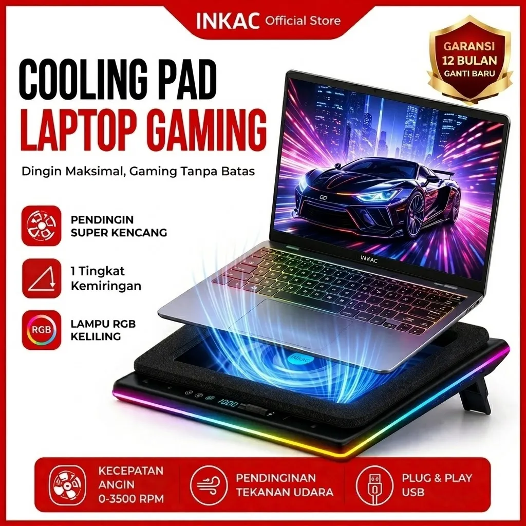 [COD] INKAC V12 Cooling Pad Laptop with RGB Lighting Adjustable Stand USB Charging Touch Control for 14-17.3inch Gaming Notebook Cooler Kipas Laptop