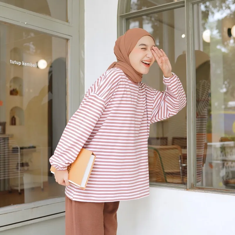 Kirei Outfit - Kaos Oversize Stripes Top Lengan Panjang Karet Nonbusui dan Busui