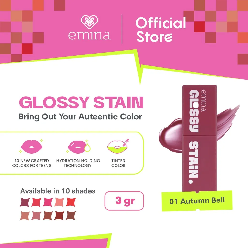 Emina Glossy Stain 3g - Melty Gel Lip Tint, Tahan Lama Transferproof, Melembabkan Bibir, Hasil Glowing Glass Lips, Ringan Nyaman, Warna Pigmented Natural, Cocok untuk Daily Look & Korean Makeup